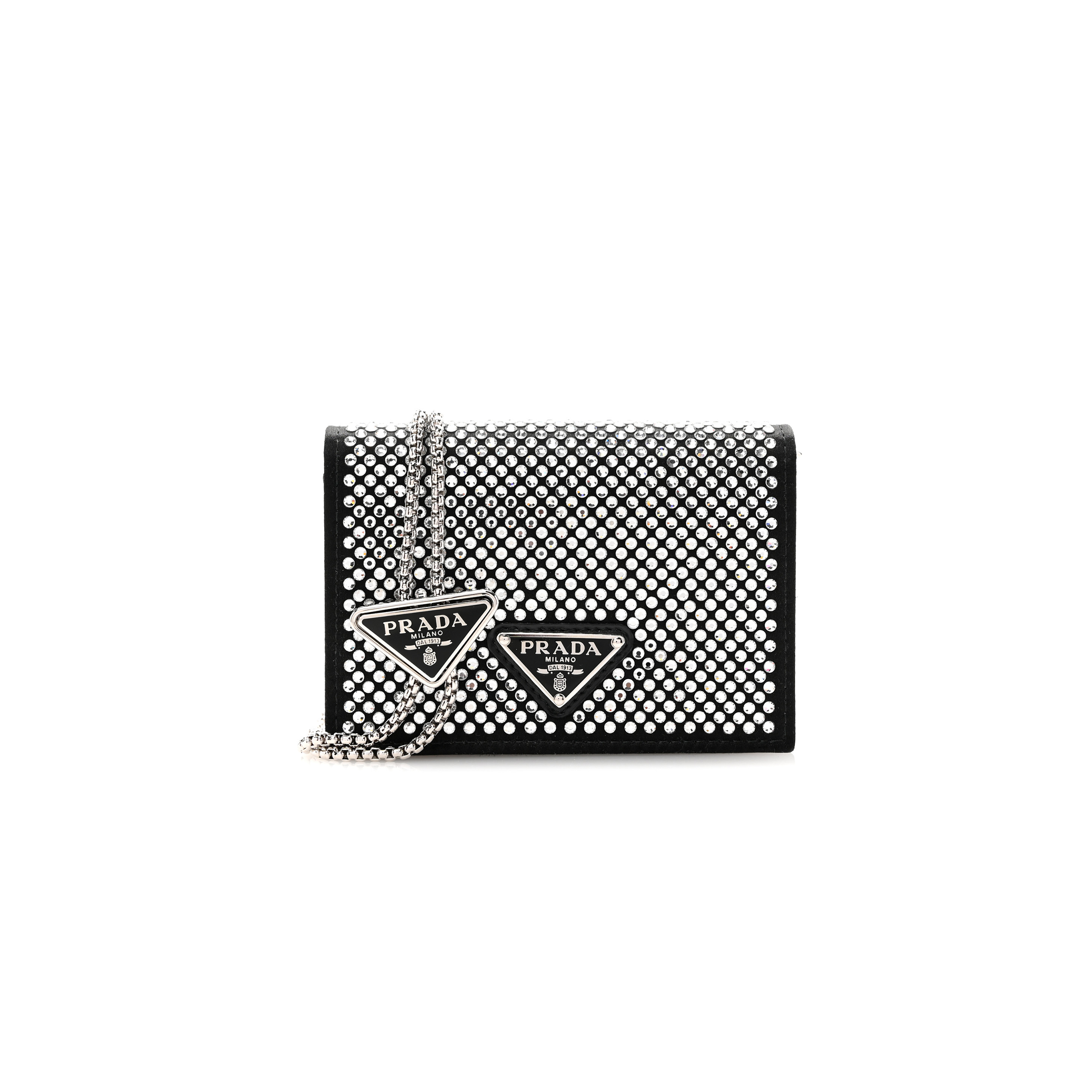 Pra*a satin crystal metal triangle logo card holder with strap cristal 1mr024 (11.5*8cm)